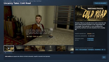 Captura de pantalla de videojuego mostrando a una mujer mayor sentada en una silla, con texto en pantalla y una taza en una mesa