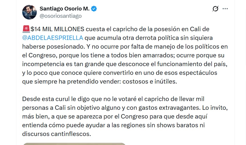 Osorio argumentó por qué votó en contra de que la posesión sea en Cali - crédito @osoriosantiago/X