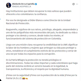 El presidente electo Abelardo de la Espriella destacó a Didier Blanco tras informar que será el director de la UNP - crédito @ABDELAESPRIELLA/X