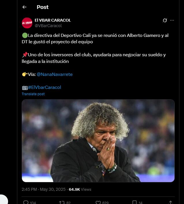 El técnico samario y que tuvo su paso recientemente en Millonarios, estaría en los planes del cuadro Azucarero-crédito @VBarCaracol/X