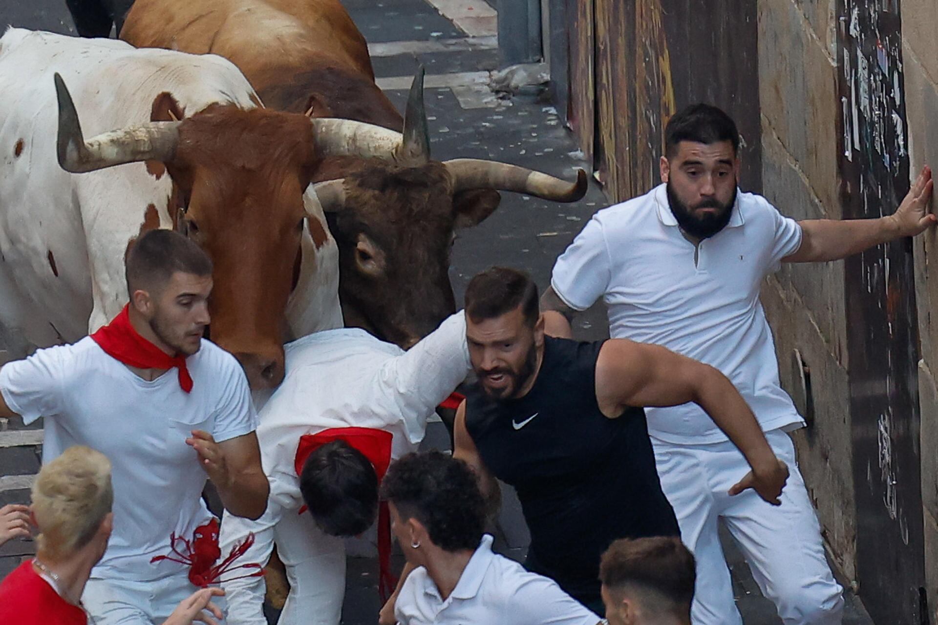 Los mozos son perseguidos por toros de la ganadería gaditana de La Palmosilla durante el séptimo encierro de los Sanfermines 2025 (Villar López / EFE)