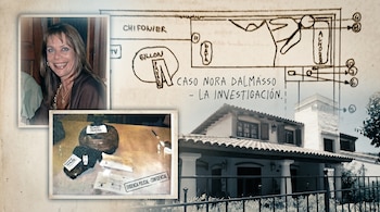 Collage que muestra el retrato de una mujer sonriente, un croquis de una escena de crimen, elementos de evidencia forense y una casa con tejado de tejas.
