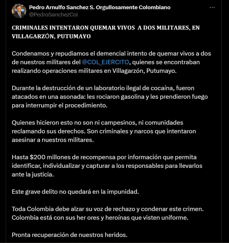 El ministro de Defensa, Pedro Sánchez, condenó el intento de homicidio y ofreció recompensa por información sobre los responsables - crédito @PedroSanchezCol / X