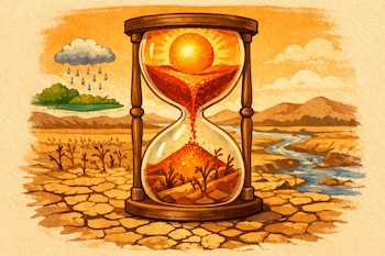 Ilustración: reloj de arena gigante en campo seco y agrietado, sol intenso en su parte superior, arena rojiza cayendo sobre cultivos, río casi vacío, nube con lluvia.