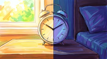 Reloj despertador sobre una mesita de noche, iluminado a la izquierda por luz diurna y oscuro a la derecha con una cama visible.