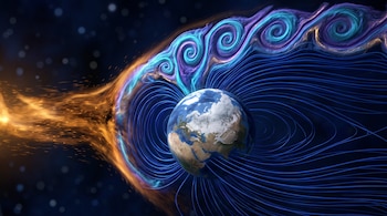 Planeta Tierra rodeado de líneas curvas azules y una corriente luminosa anaranjada que forma espirales sobre un fondo negro con estrellas.