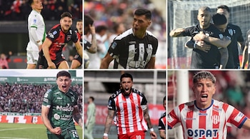 Mosaico con seis fotografías de futbolistas vistiendo camisetas de diferentes equipos deportivos durante partidos.