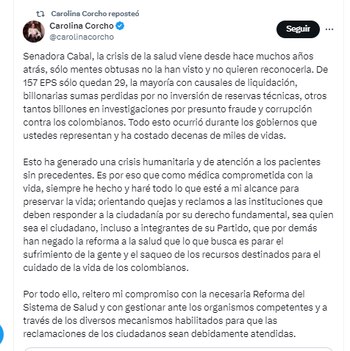 La exministra Carolina Corcho aseguró