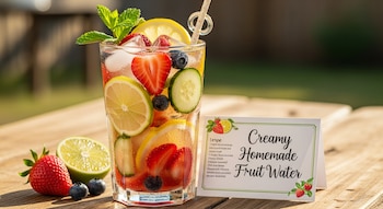 Vaso con agua, hielo, fresas, arándanos, limón, pepino y menta, con una pajita. Junto a él, una fresa, arándanos, medio limón y tarjeta de receta en mesa de madera.