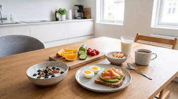 Platos con yogur, arándanos, nueces, tostada con palta, salmón, huevo duro, frutas y verduras cortadas sobre una mesa de madera.