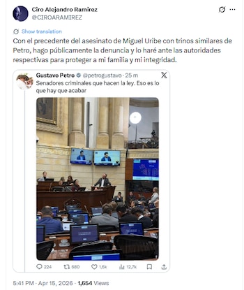 Ciro Ramírez denunciará a Gustavo Petro por su mensaje en redes sociales - crédito @CIRORAMIREZ/X