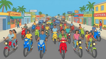Ilustración plana y colorida de una avenida principal dominicana con numerosas motocicletas de colores brillantes, autos dispersos, edificios, palmas y carteles de negocios bajo un cielo azul.