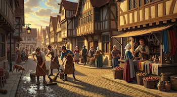 Pintura detallada de una calle medieval europea. Trabajadores barren adoquines mojados. Edificios de madera, mercaderes con puestos y gente paseando bajo luz dorada.