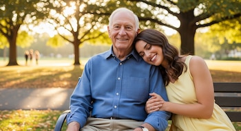 Un hombre de 85 años con camisa azul y una mujer de 30 con vestido amarillo se sientan en un banco, sonriendo en un parque soleado con árboles de fondo.