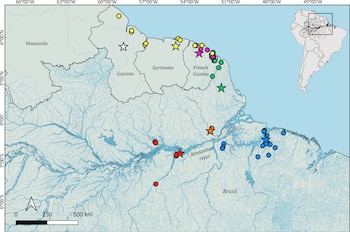 Mapa de la cuenca del Amazonas con puntos y estrellas de distintos colores sobre Brasil, Guayana Francesa, Surinam, Guyana y Venezuela