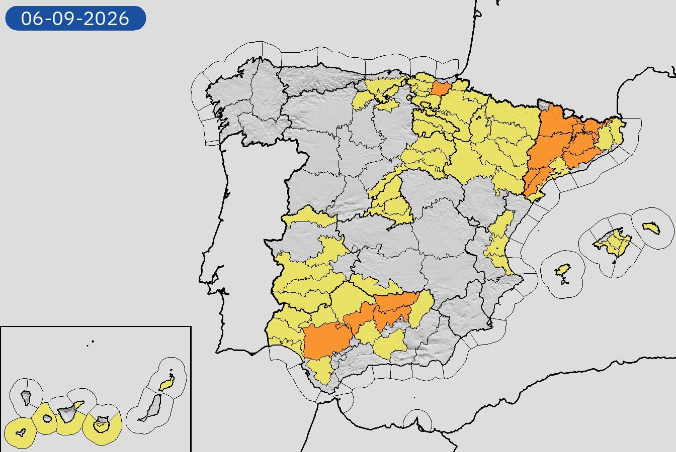 Mapa de alertas meteorológicas para este domingo, 6 de septiembre de 2026. (Aemet)