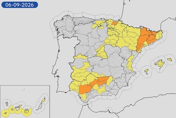 Mapa de alertas meteorológicas para este domingo, 6 de septiembre de 2026. (Aemet)