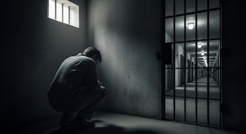 Una persona agachada de espaldas en una celda oscura con ventana enrejada. Se ve un pasillo de celdas a través de una puerta con barrotes.