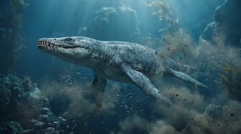 Reptil marino Liopleurodon ferox de piel gris azulada con aletas y dientes grandes, nadando en el agua con pequeños peces, partículas, plantas y rocas.