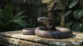 Una cobra enroscada y erguida descansa sobre una losa de piedra rodeada de ruinas y plantas frondosas.