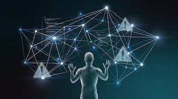Ilustración conceptual de una silueta humana de espaldas frente a una red 3D de hilos luminosos con nodos, fragmentos de código y triángulos de advertencia en un fondo oscuro.
