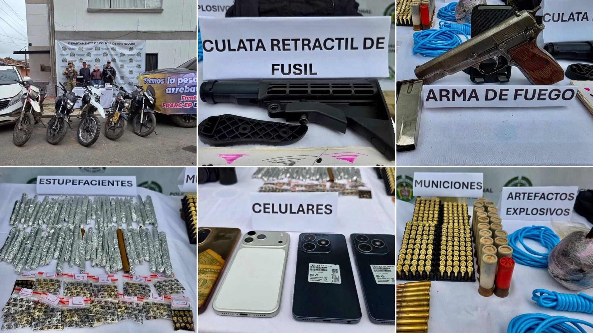Durante los procedimientos también fueron encontrados 77 cigarrillos de marihuana, 30 bolsas de bazuco, dos camionetas, cinco motocicletas, cinco millones de pesos en efectivo y cuatro teléfonos celulares - crédito Ejército Nacional