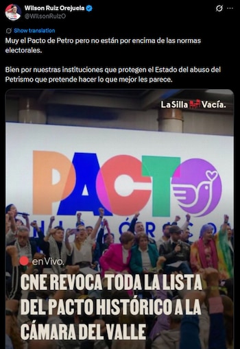 Wilson Ruiz Orejuela aplaudió del CNE sobre lista del Pacto Histórico en el Valle - crédito @WilsonRuizO