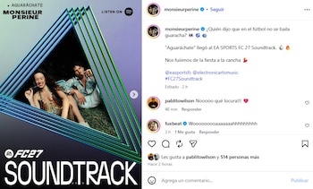 Monsieur Periné integra el soundtrack de EA Sports FC 27 con "Aguaráchate", hecho celebrado por el grupo en sus cuentas oficiales - crédito @monsieurperine/Instagram