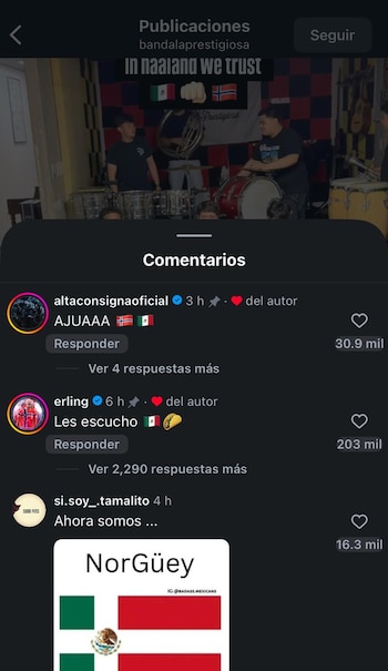 Haaland respondió en Instagram con el mensaje “Les escucho”, junto a un emoji de taco y la bandera de México. (Instagram)