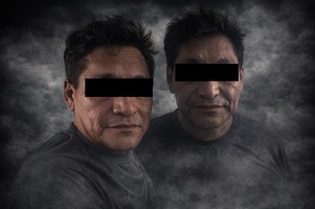 Primer plano de dos hombres adultos, uno más enfocado que el otro, ambos con barras negras cubriendo sus ojos, sobre un fondo gris oscuro y nebuloso.