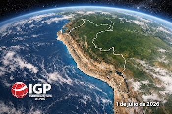 Planeta Tierra con el contorno de Perú, océano Pacífico, Andes, Amazonía, logo del IGP con texto Instituto Geofísico del Perú y la fecha 1 de julio de 2026.