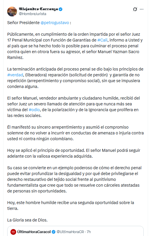 El abogado Alejandro Carranza explicó en redes sociales que la decisión judicial de terminar anticipadamente el proceso contra Sacro responde a los principios de