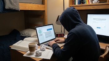 Estudiante con sudadera usa portátil con asistente de inteligencia artificial y monitor con generador de ensayos. En el escritorio hay libro de ética, café y papeles.
