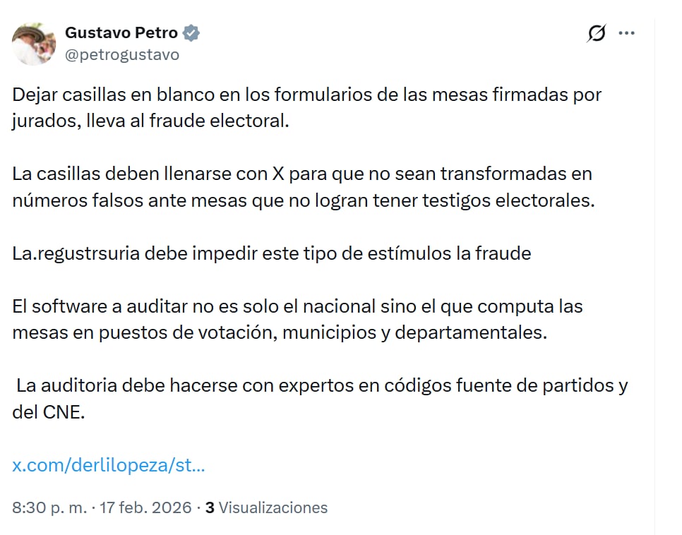 Petro hizo un llamado a auditar no solo el conteo nacional, sino el software utilizado en los niveles municipales y departamentales - crédito @petrogustavo/X