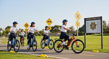 Cinco niños en bicicletas eléctricas con cascos y uniformes escolares en una ciclovía, con un cartel de la Patrulla de Caminos de California y señales viales.