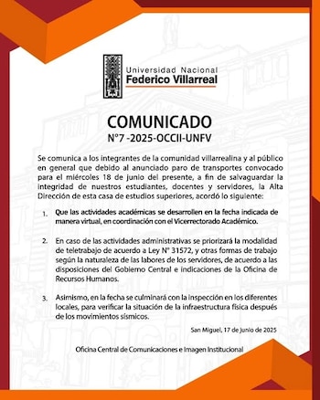 Comunicado oficial de la Universidad