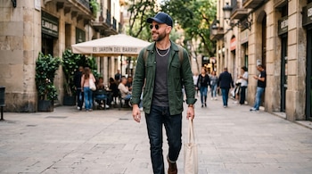 Un hombre con gorra azul, gafas de sol, chaqueta verde y bolsa de tela camina por una calle peatonal.