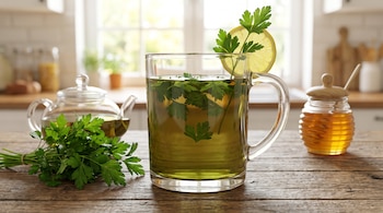 Una taza de té de perejil con hojas y una rodaja de limón, un manojo de perejil fresco, una tetera de vidrio y un tarro de miel en una mesa de madera.