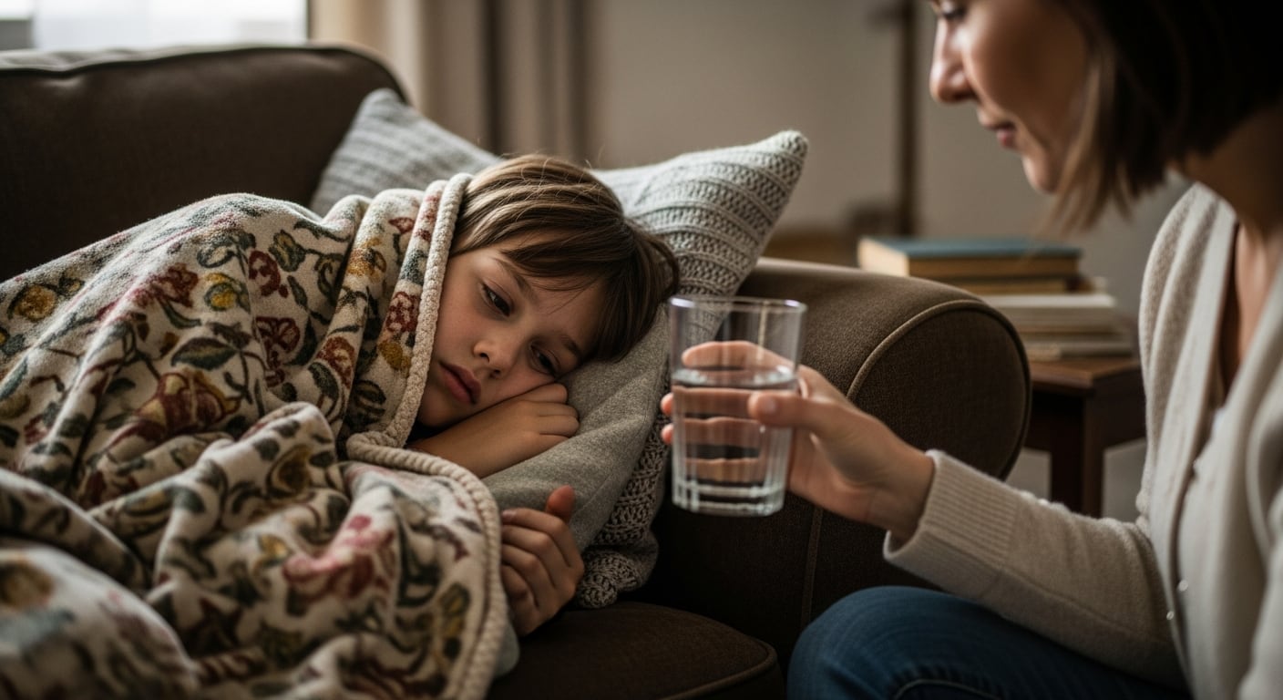 Un niño cubierto con una manta descansa en un sofá mientras un familiar le ofrece un vaso de agua, en un ambiente hogareño que evoca una enfermedad gastrointestinal leve. (Imagen Ilustrativa Infobae)