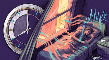 Dibujo de un hombre en una cama con un reloj inteligente, un reloj grande a la izquierda, una ventana abierta y una mesa de noche