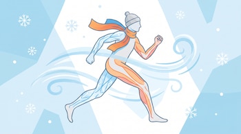 Figura humana estilizada corriendo con gorro y bufanda. Fondo azul con remolinos de viento y copos de nieve. Músculos de piernas y brazos destacados en naranja y azul.