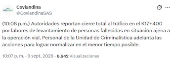 La vía quedó cerrada mientras las autoridades investigan - crédito @CoviandinaSAS/X