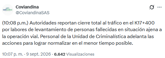 La vía quedó cerrada mientras las autoridades investigan - crédito @CoviandinaSAS/X