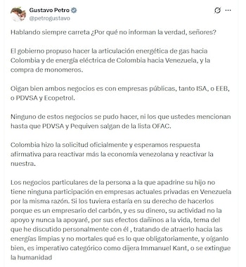 Gustavo Petro aceptó que el Gobierno propuso hacer la articulación energética de gas hacia Colombia y de energía eléctrica de Colombia hacia Venezuela - crédito @PetroGustavo/X