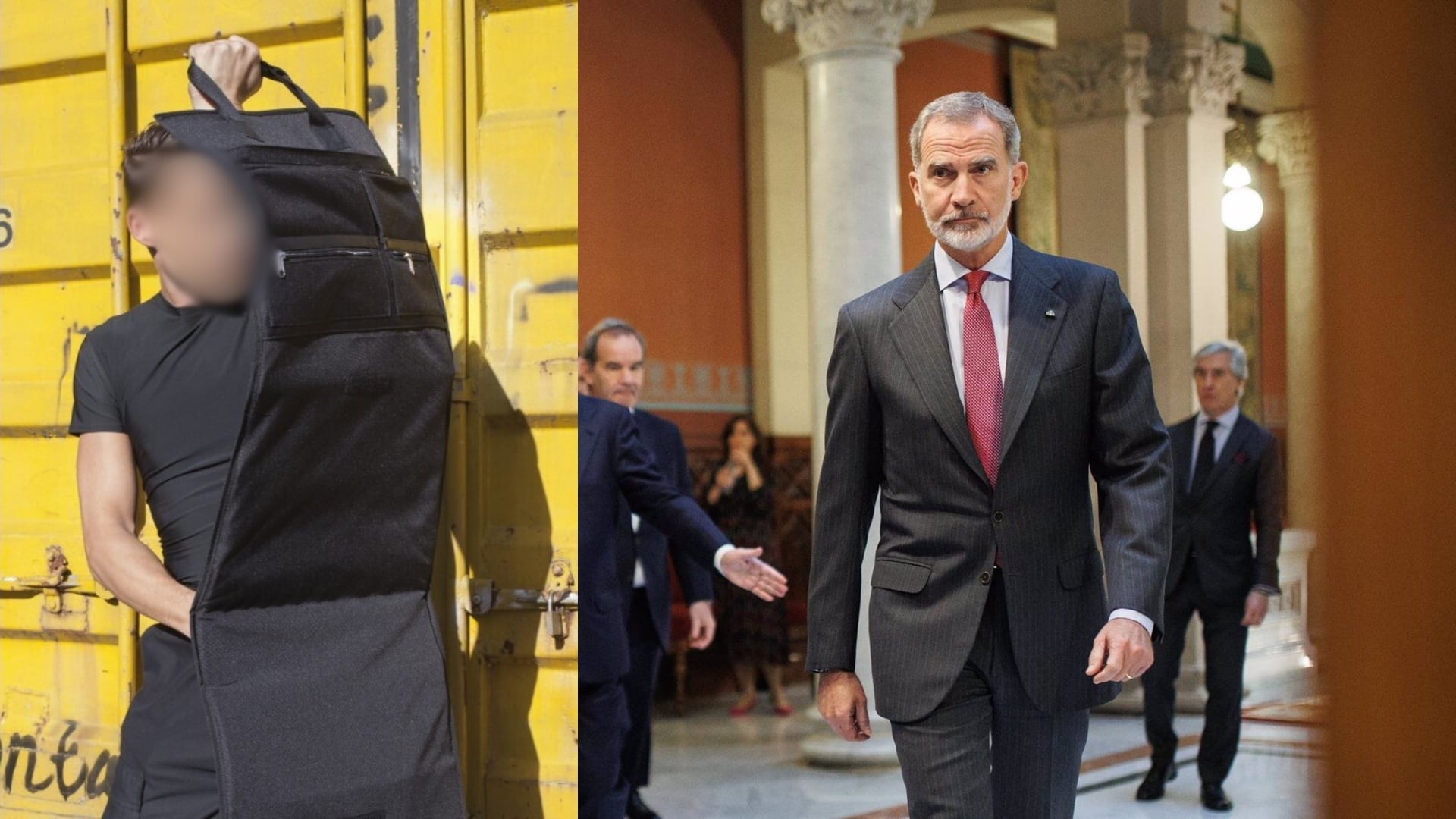Felipe VI y un ejemplo de maletín desplegable antibalas
