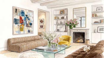 Ilustración de sala de estar con sofás, mesa de centro de cristal, sillón amarillo, chimenea, cuadros, libros, espejos, flores.