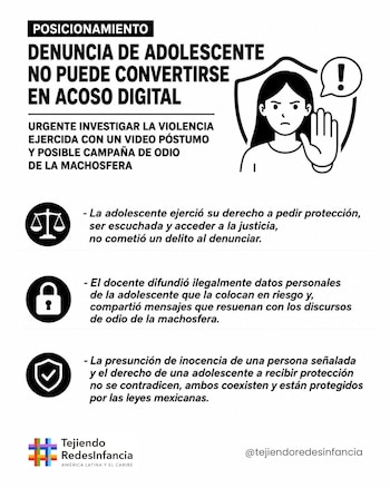 Caso Alberto Israel Jasso: Tejiendo Redes Infancia exigió a la Fiscalía de CDMX investigar el acoso digital contra la alumna. Crédito: Tejiendo Redes Infancia.