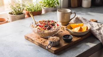 Tazón de avena con frutas y semillas, taza, gajos de naranja y un medidor con granos sobre una tabla de madera.