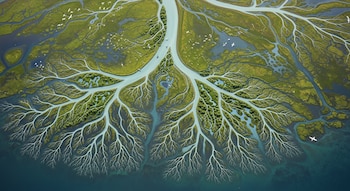 Vista aérea de un delta fluvial con canales de agua azul claro ramificándose sobre tierra verde y humedales. Se aprecian aves blancas volando o posadas.