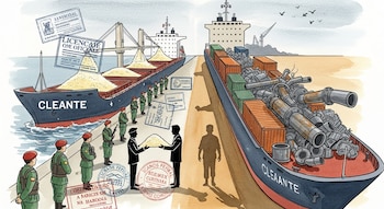 Ilustración acuarela de un buque llamado 'Cleante' descargando arroz y luego zarpando con chatarra ferrosa en un puerto, con militares y figuras empresariales.